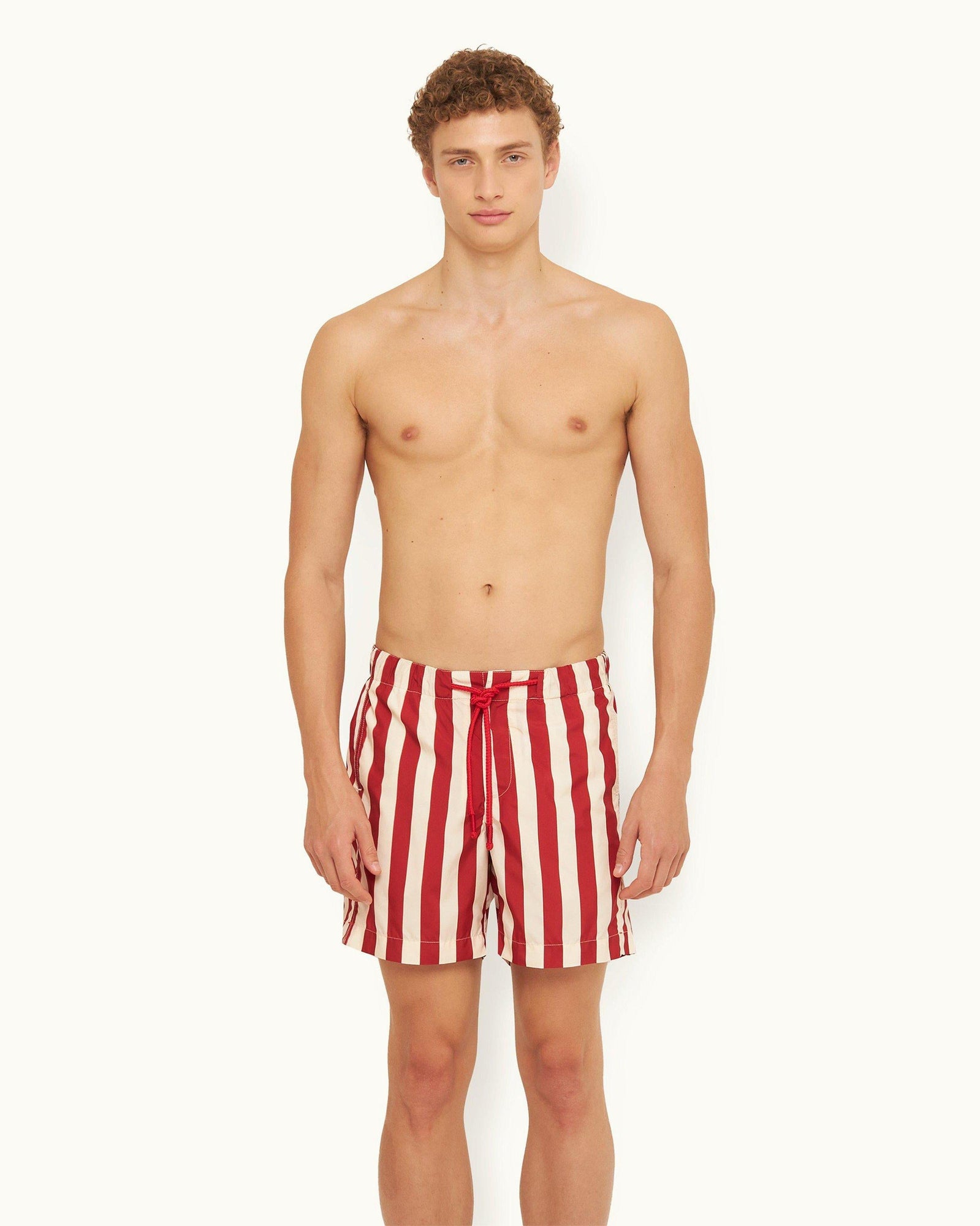 Vermillion Mix Stripe Drawcord Mid-Length Swim Shorts | Vermillion