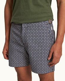 Bulldog 007 Midnight Navy/White Sand Geometric Jacquard Mid-Length Swim Shorts | Midnight Navy/White Sand