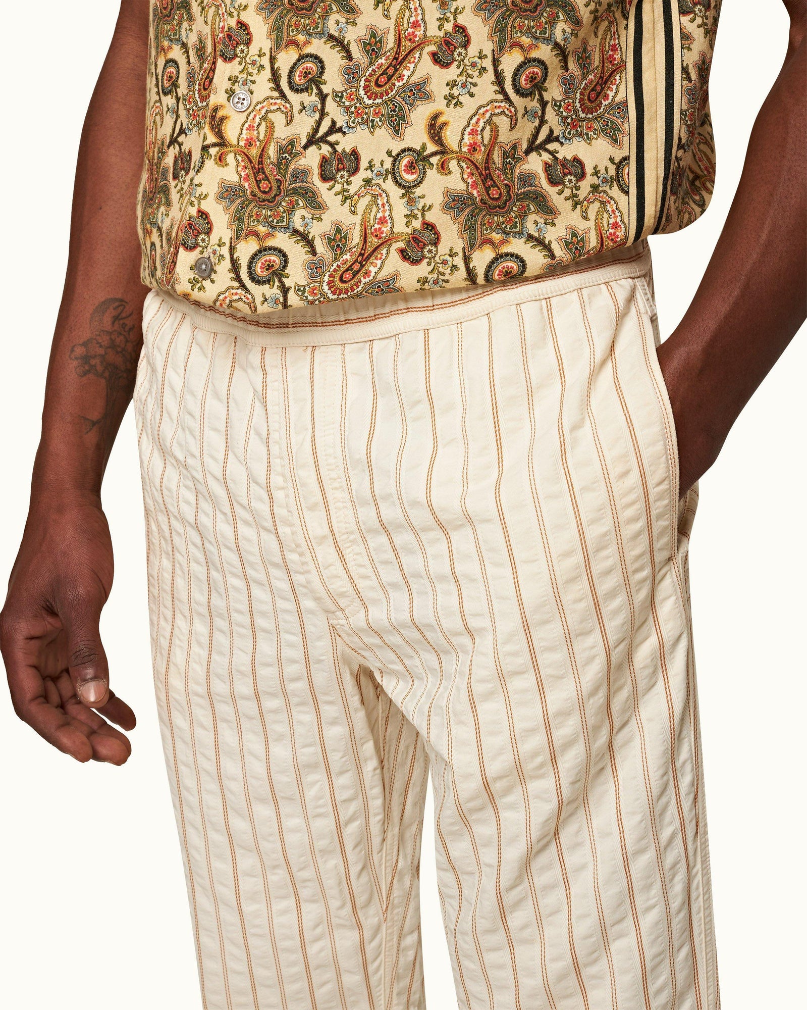 White Sand Relaxed Fit Textured Stripe Cotton Trousers | White Sand