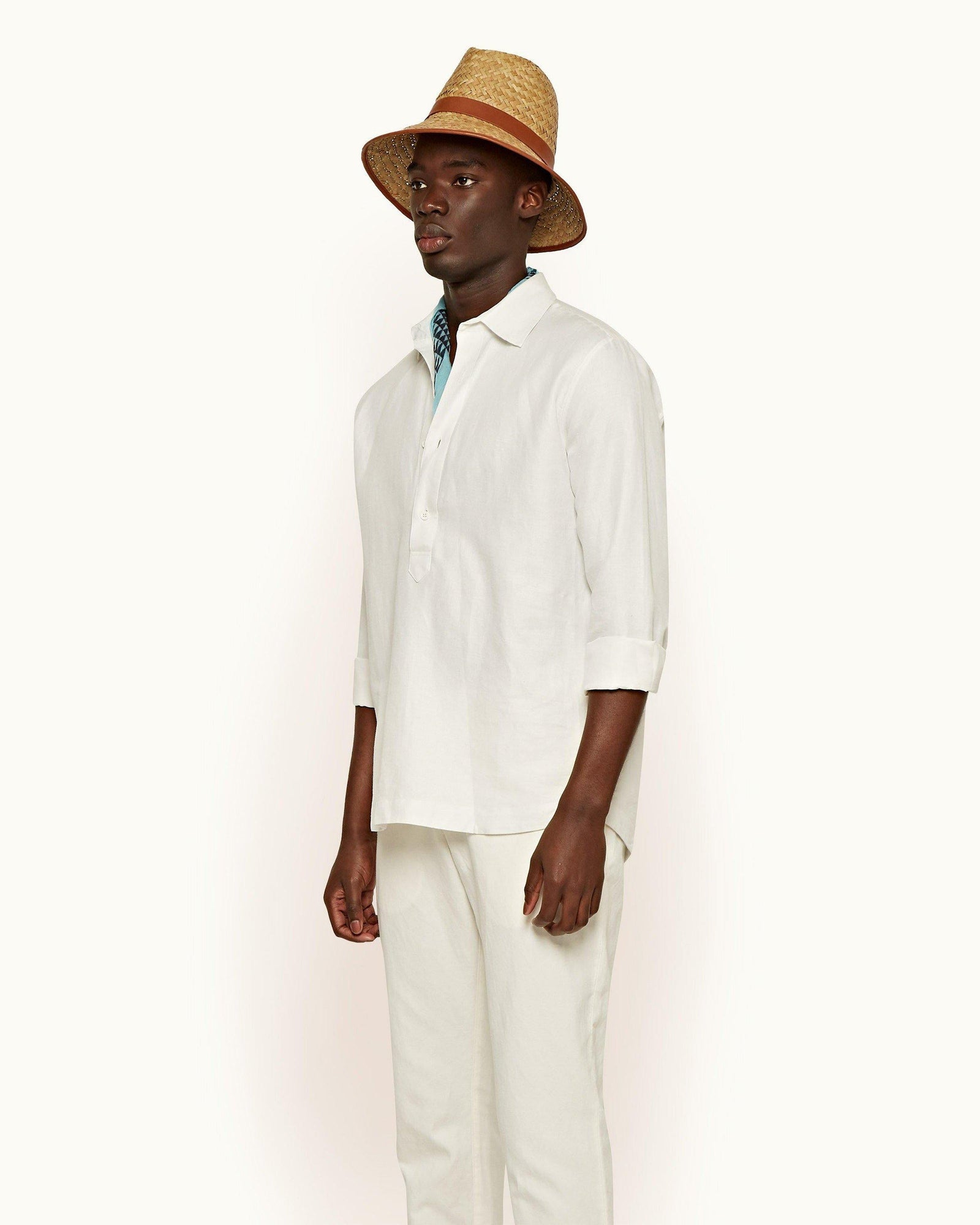 Caspian Cloud Overhead Button Placket Linen Blend Shirt | Cloud