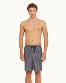 Midnight Navy Pinstripe Relaxed Fit Cotton Lounge Shorts | Midnight Navy