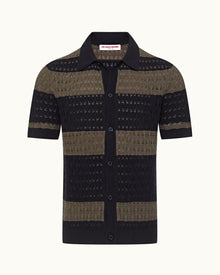 Midnight Navy/Grey Stripe Crochet Knit Shirt | Midnight Navy/Grey