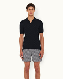 Horton Silk Night Iris Checkerboard Resort Placket Silk Polo Shirt | Night Iris