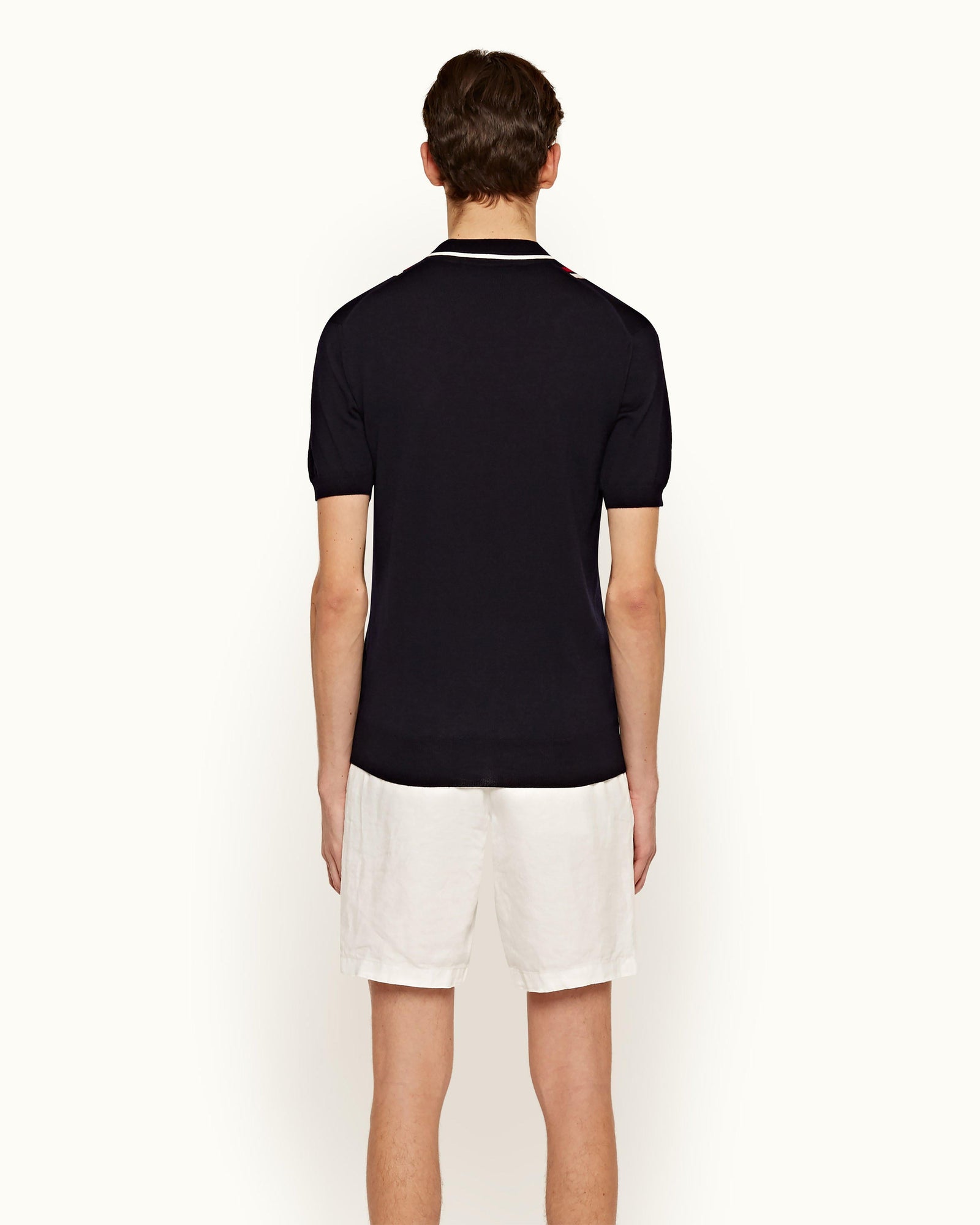 Horton Merino Navy Tailored Fit 2-Colour Stripe Merino Polo Shirt | Navy