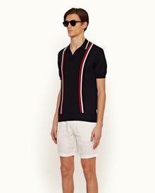 Horton Merino Navy Tailored Fit 2-Colour Stripe Merino Polo Shirt | Navy