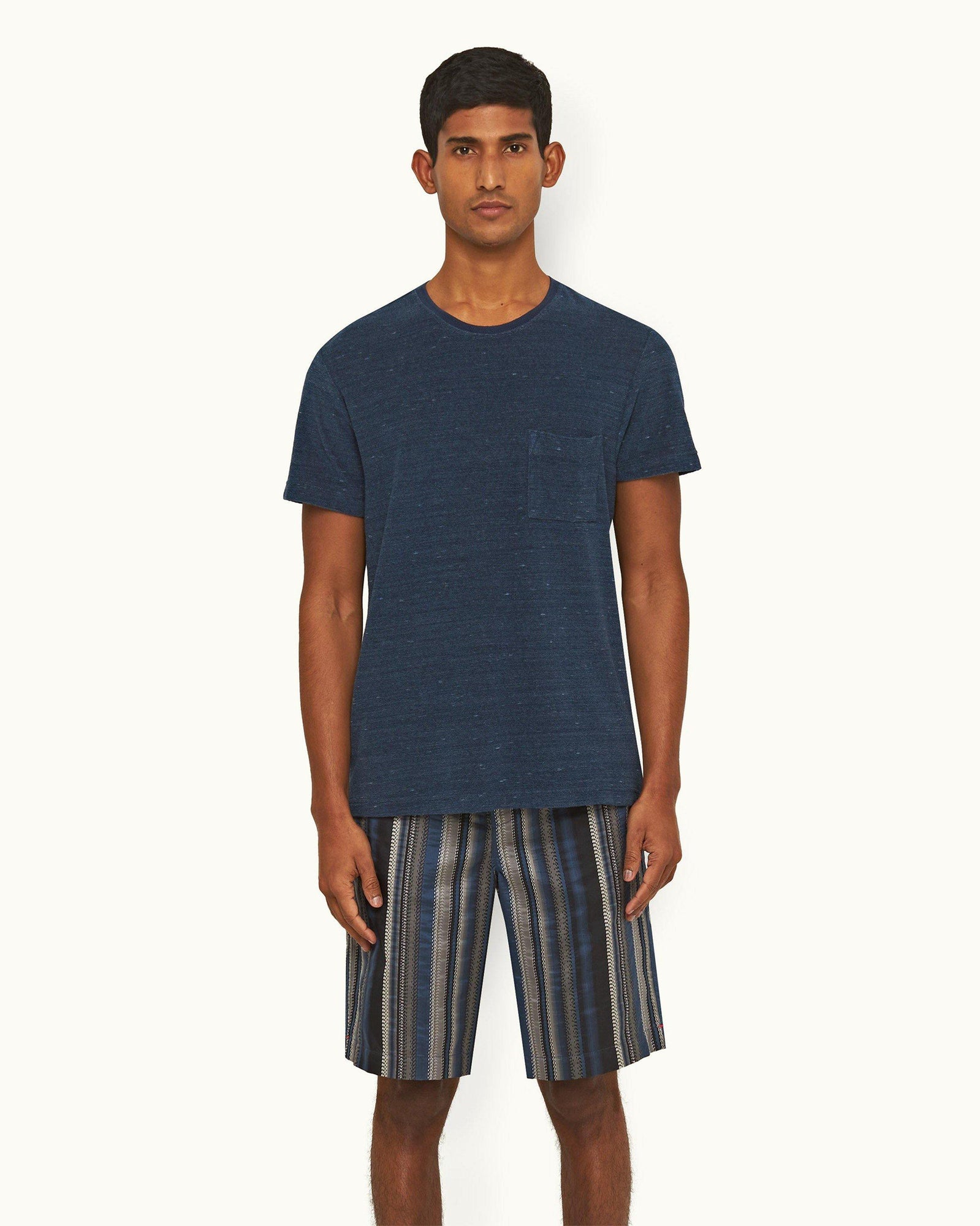 Indigo Rib Collar Classic Fit Cotton Towelling T-shirt | Indigo