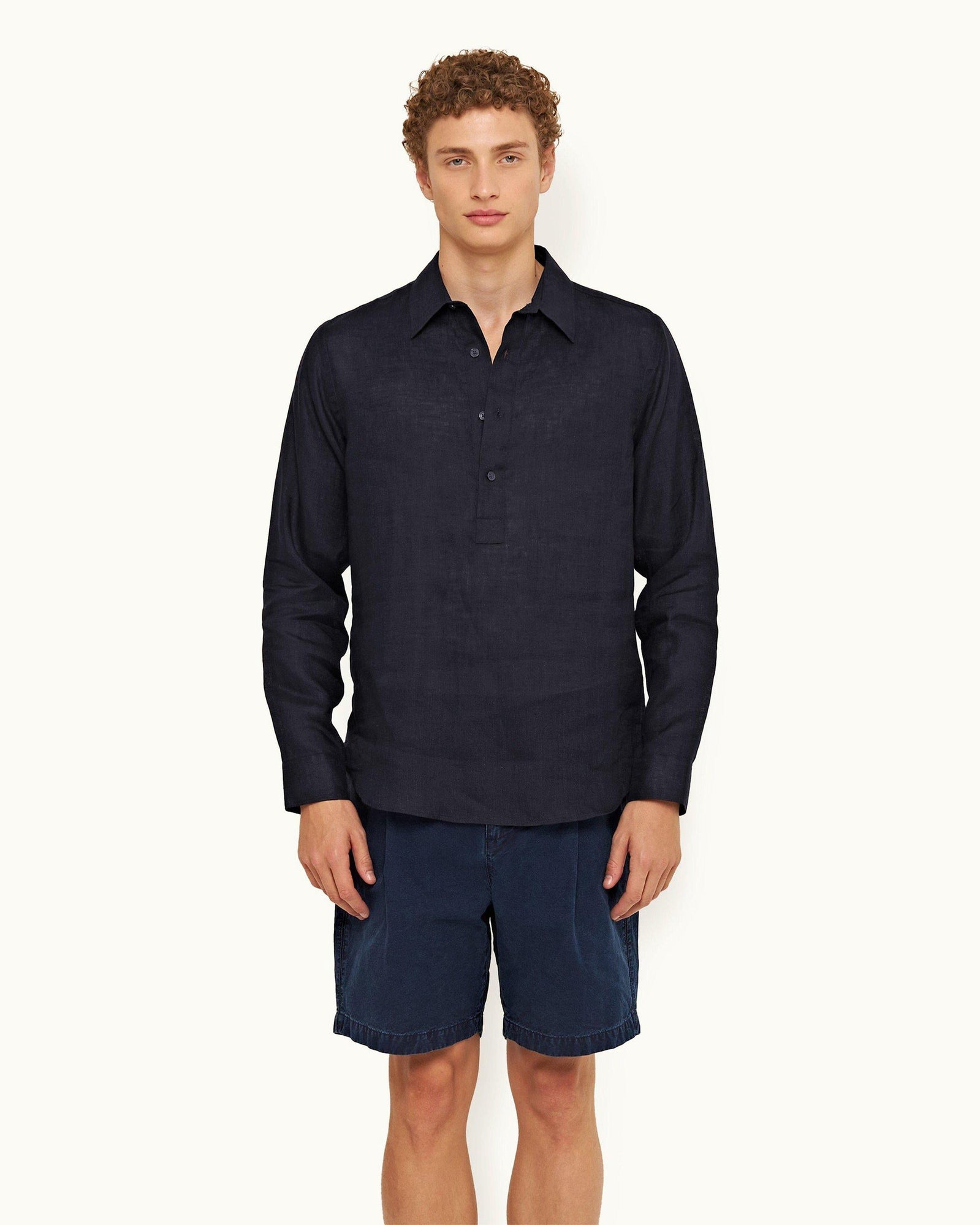 Ridley Linen Navy Smart Linen Relaxed Fit Overhead Shirt | Navy