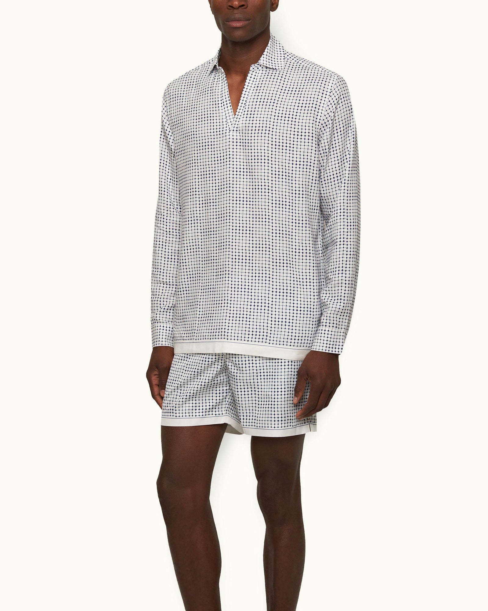 Ridley Linen White Sand/Azul Blue Tiescape Print Relaxed Fit Overhead Shirt | White Sand/Azul Blue