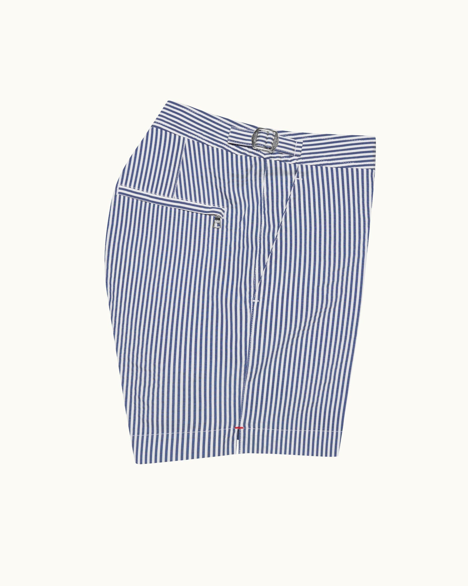 Setter Seersucker Shorter-Length Swim Shorts Woven In Italy in Blueberry/White Stripe | Blueberry/White Stripe