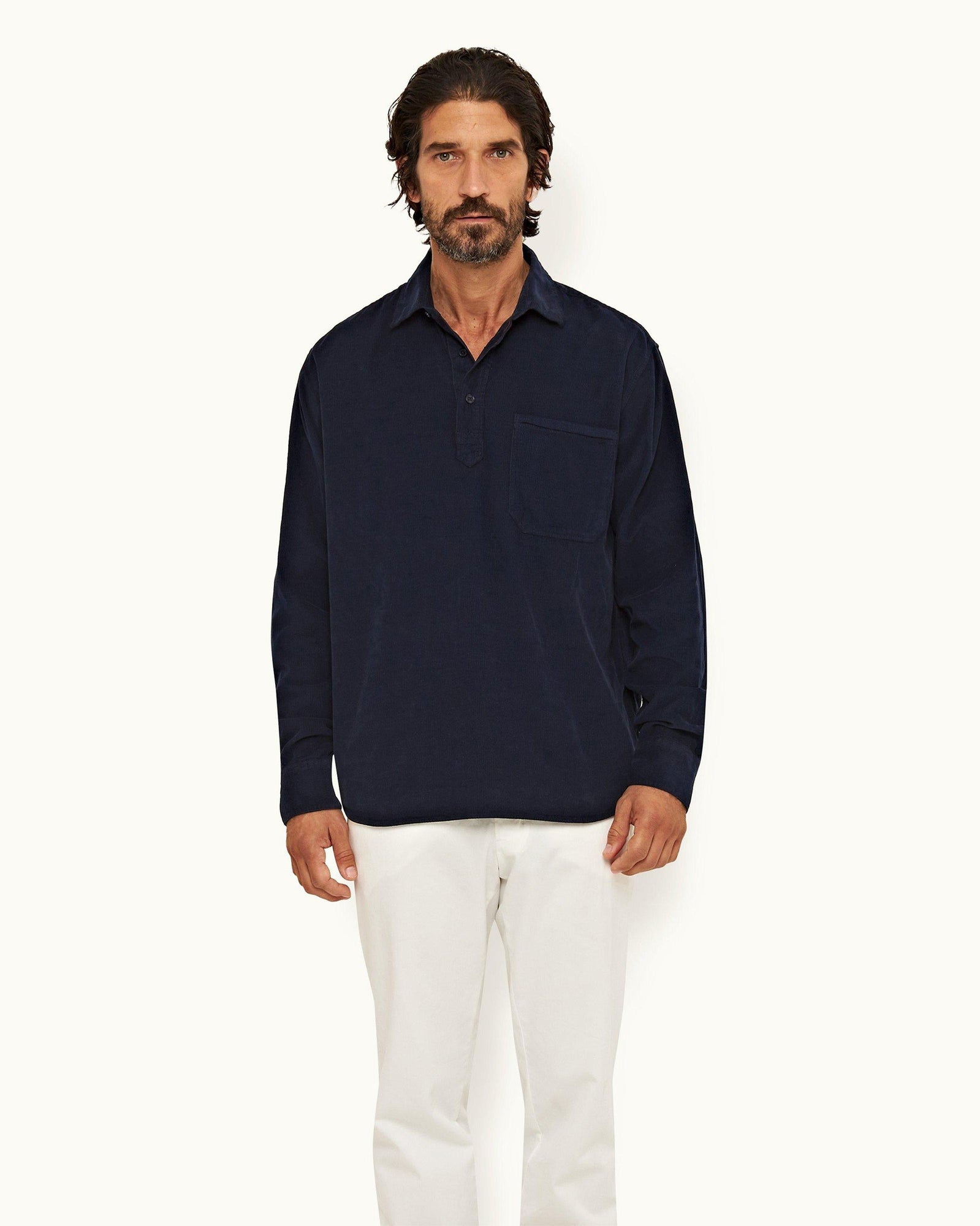 Midnight Navy Cord Easy Fit Cotton Overhead Shirt | Midnight Navy