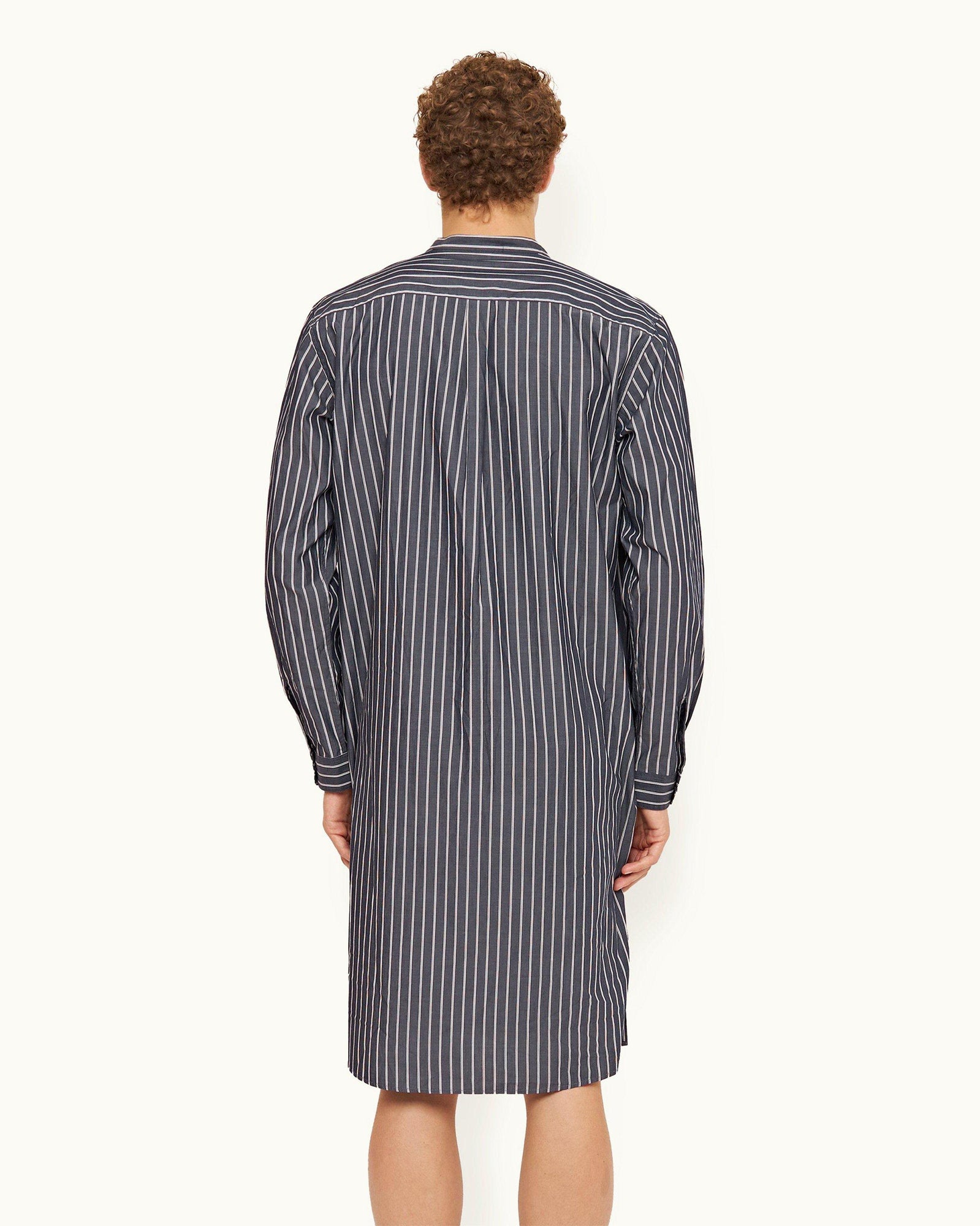 Midnight Navy Pinstripe Relaxed Fit Grandad Collar Cotton Nightshirt | Midnight Navy