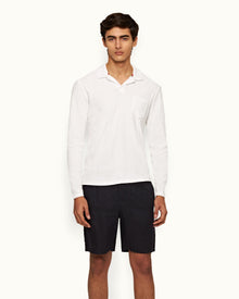 White O.B Stripe Tailored Fit Long-Sleeve Towelling Resort Polo Shirt | White