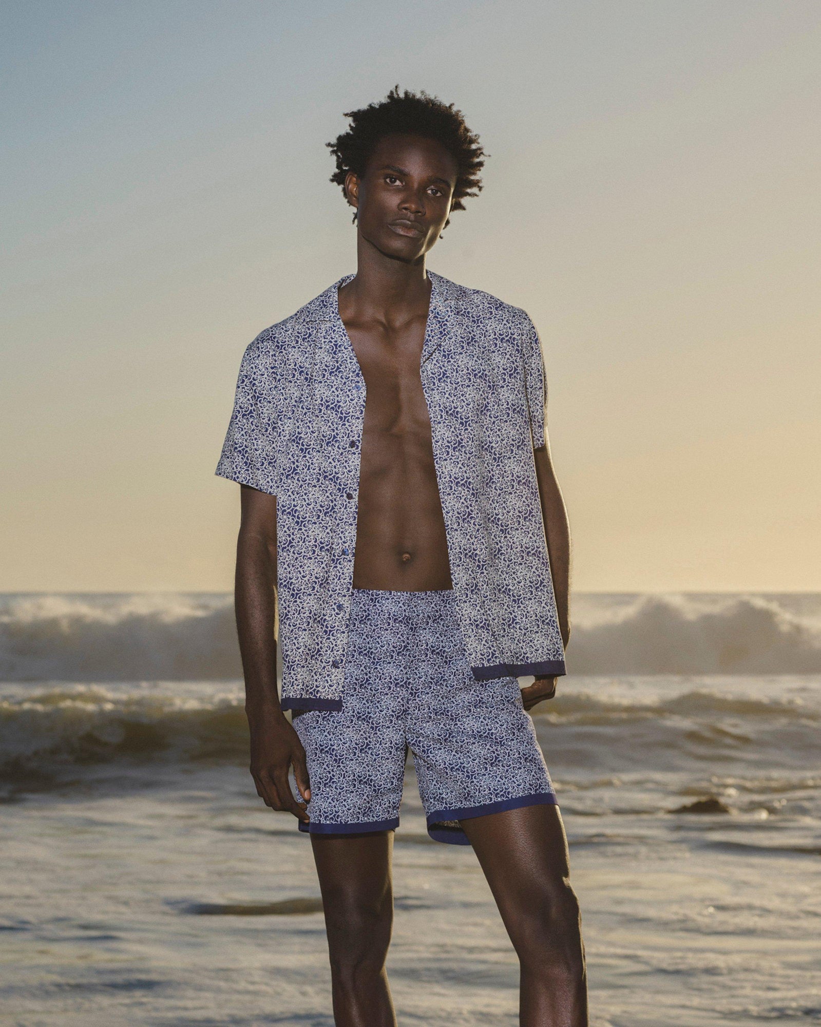 Midnight Navy Floral Print Capri Collar Shirt | Midnight Navy