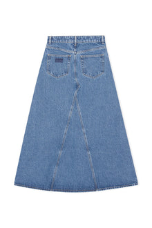 Overdyed Cutline Denim Maxi Skirt | Mid Blue Stone
