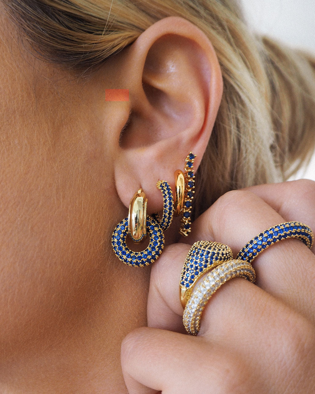 Pave Interlock Hoops | Blue Sapphire Cubic Zirconia | Gold