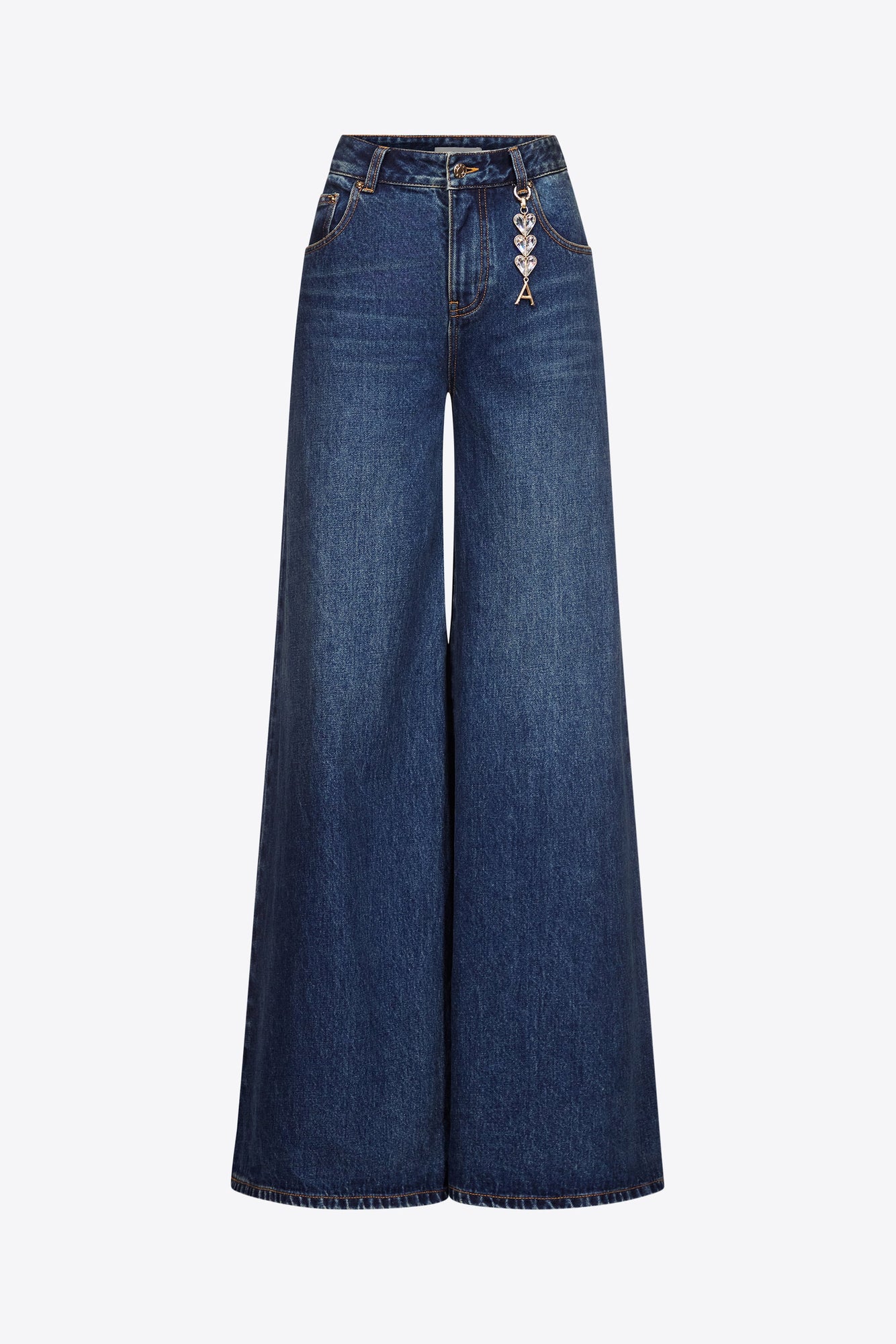 Crystal Heart Charm Wide Leg Jean | Dark Medium Wash