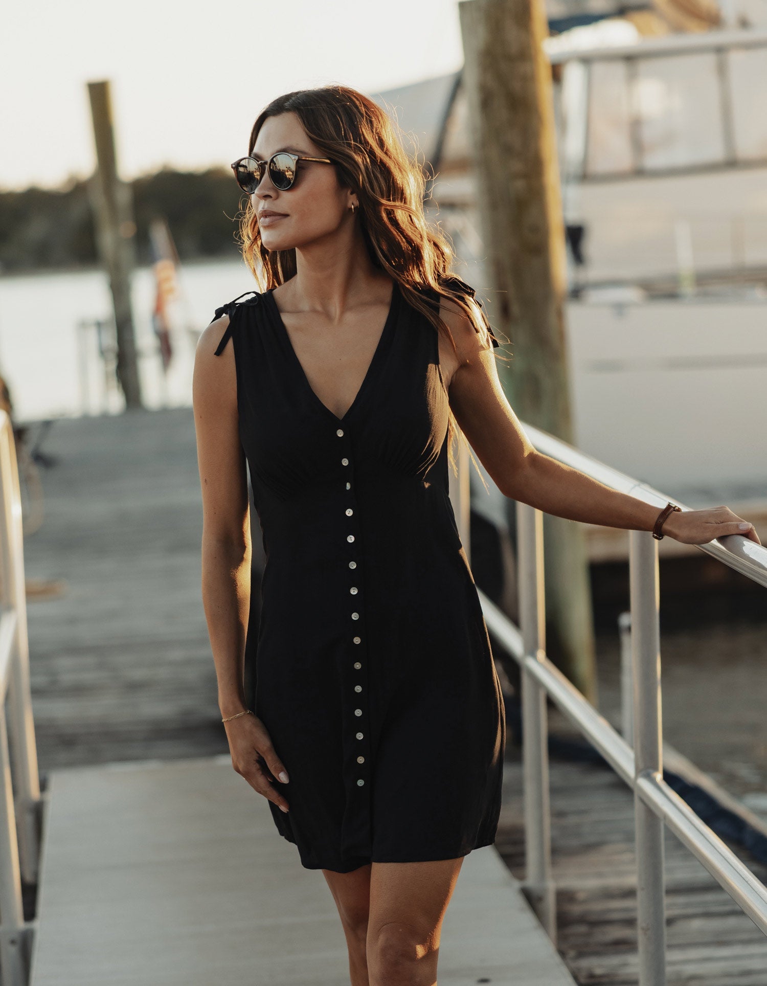 Women | Aria Crepe Camille Button Thru Mini Dress | Black