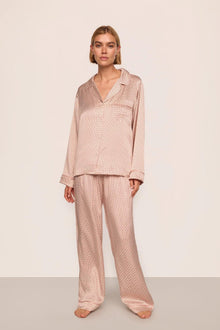 Model is wearing Inez Washable Silk Printed Long PJ Set  in Geo Sphere Silver Pink/Silver Pink