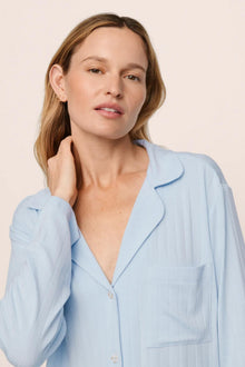 Model is wearing Gisele TENCEL Modal Rib Long PJ Set in NantucketBreeze