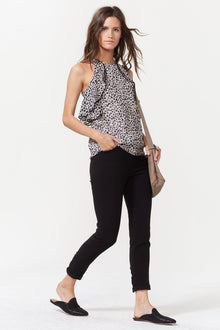 Halston | Sleeveless High Neck Printed Top With Flounce | Buff/Black