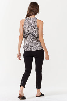 Halston | Sleeveless High Neck Printed Top With Flounce | Buff/Black