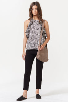 Halston | Sleeveless High Neck Printed Top With Flounce | Buff/Black