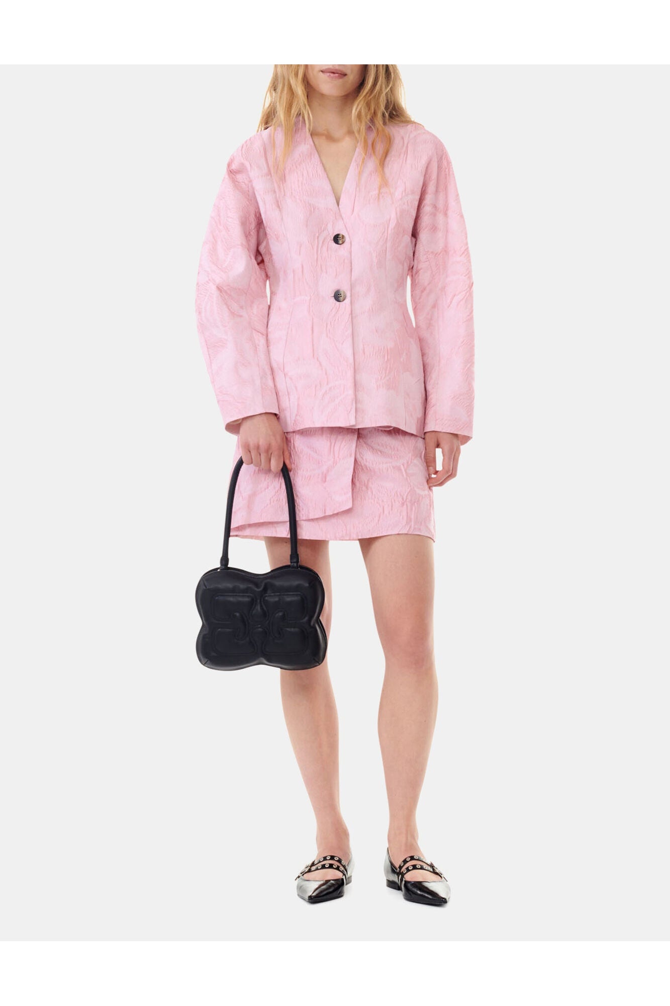 Pink Textured Cloqué Curve Sleeve Blazer | Bleached Mauve