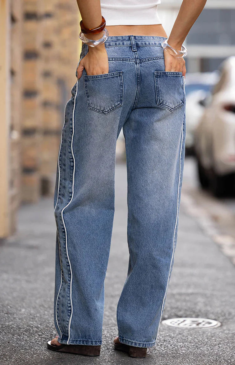 Posey Contrast Seam Wide Leg Jeans | Mid Wash