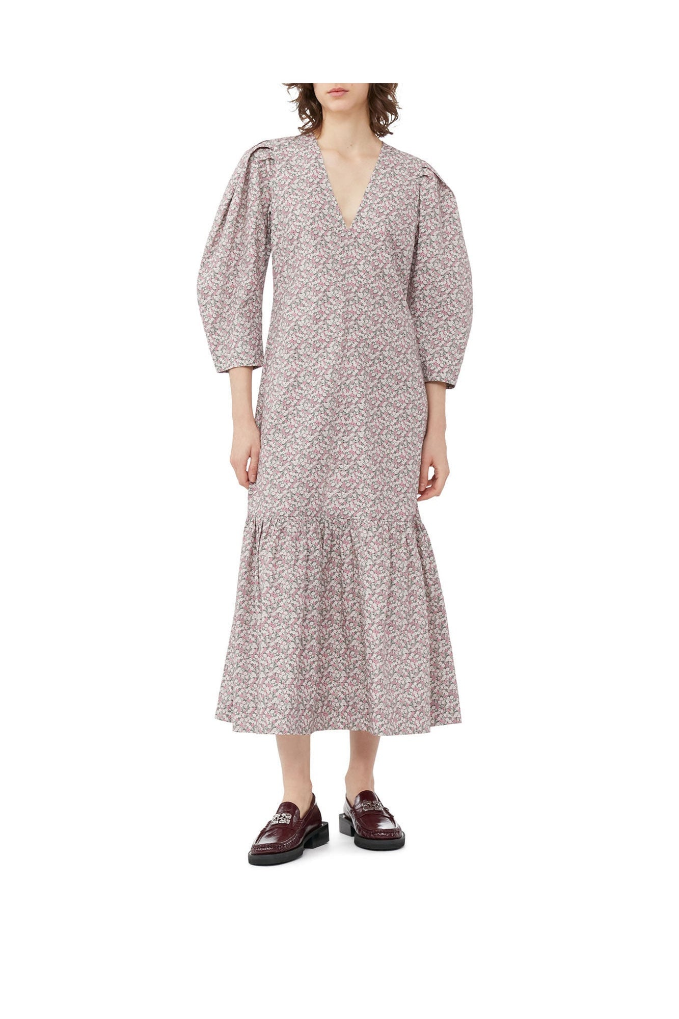 Printed Cotton V neck Maxi Dress | Frost Gray