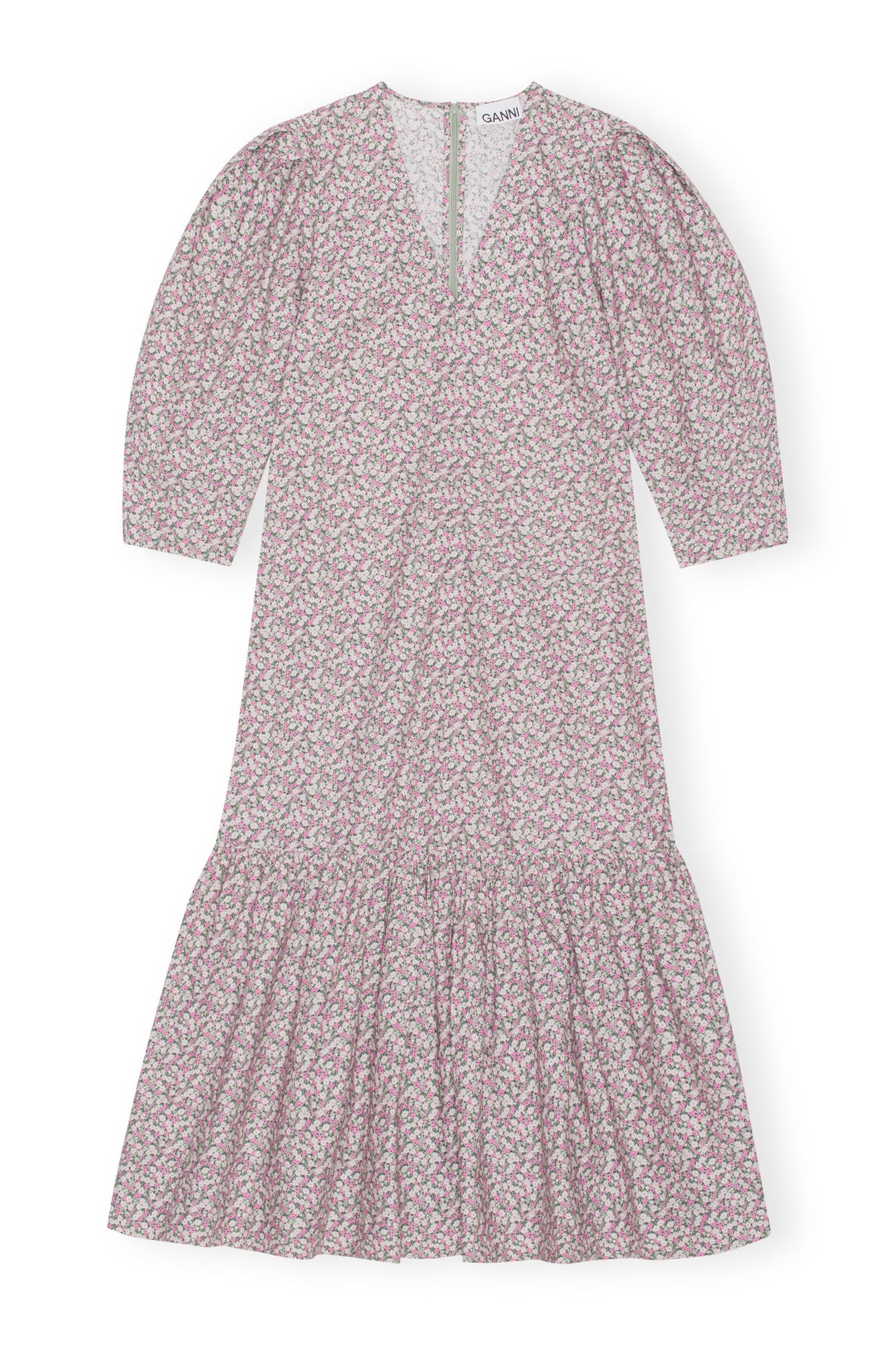 Printed Cotton V neck Maxi Dress | Frost Gray