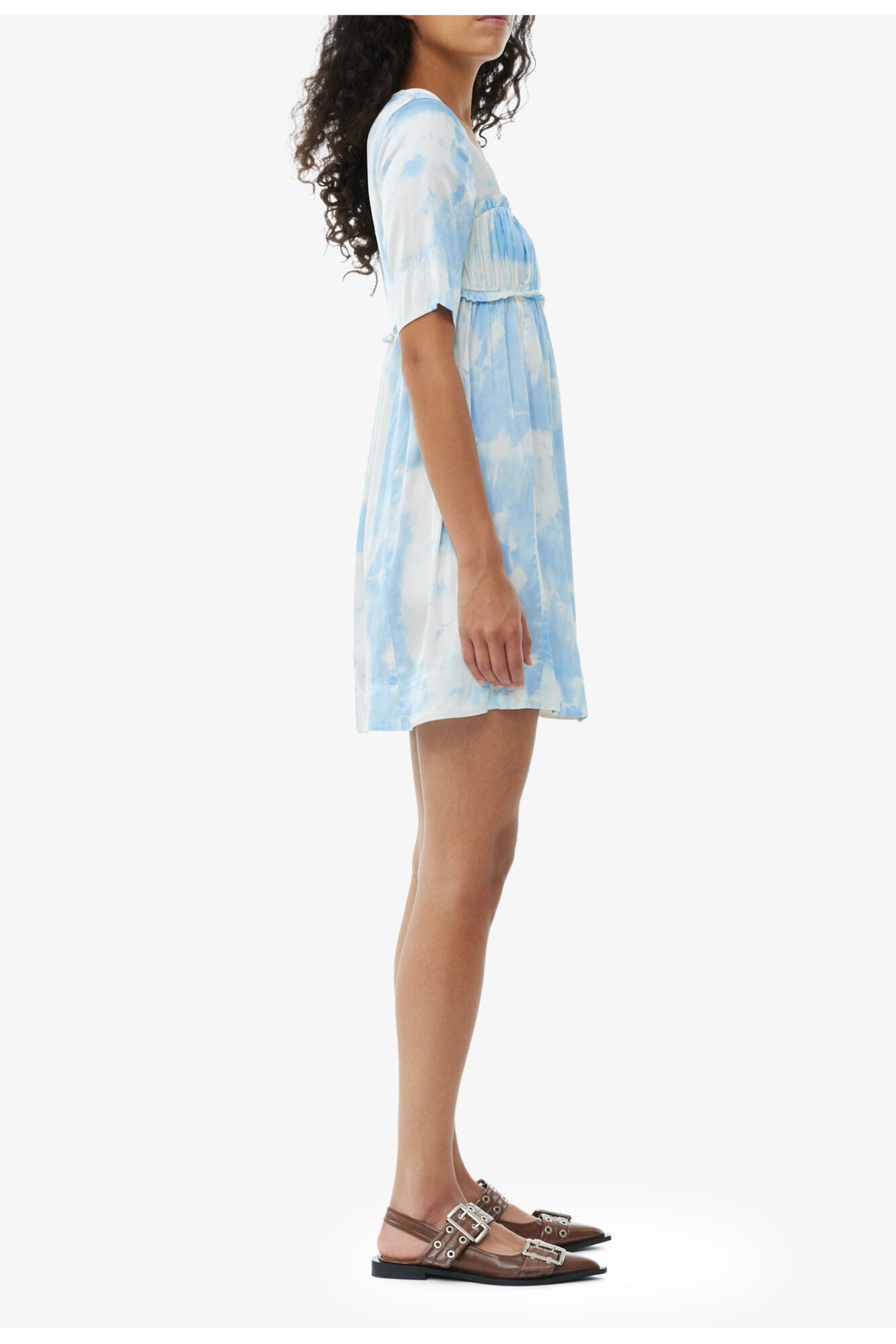 Printed Satin Short Sleeve Mini Dress | Powder Blue