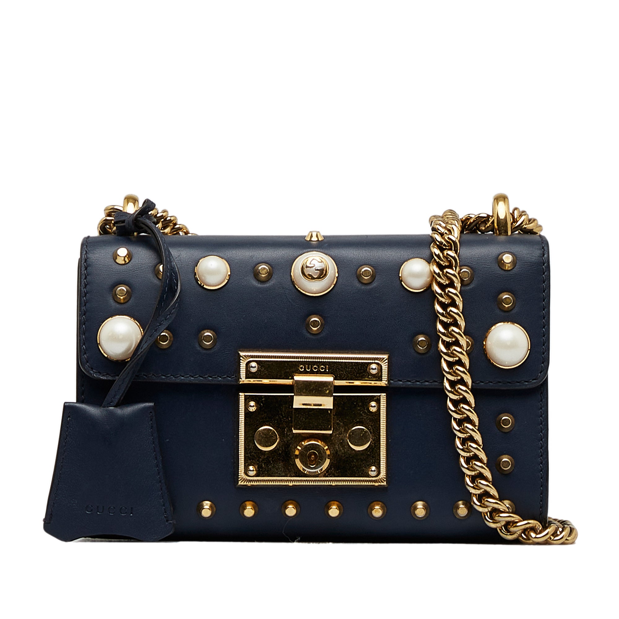 Gucci Pre-Owned Small Pearl Studded Padlock Crossbody | Women | Blue x Dark Blue