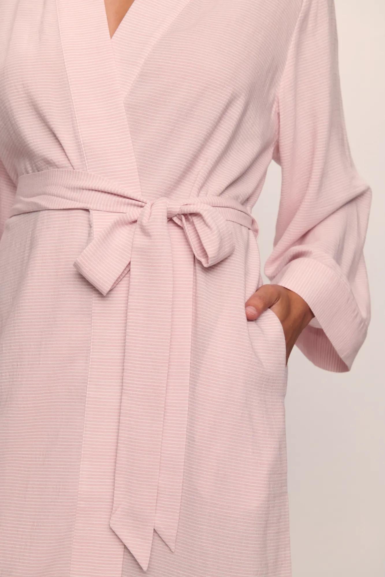 Model is wearing Nautico Midi Robe in  Feeder Stripes Pale Mauve/White