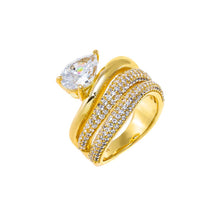 Gold / 6 Solid/Pave Waved Triple Band W/ Pear Stone Ring - Adina's Jewels