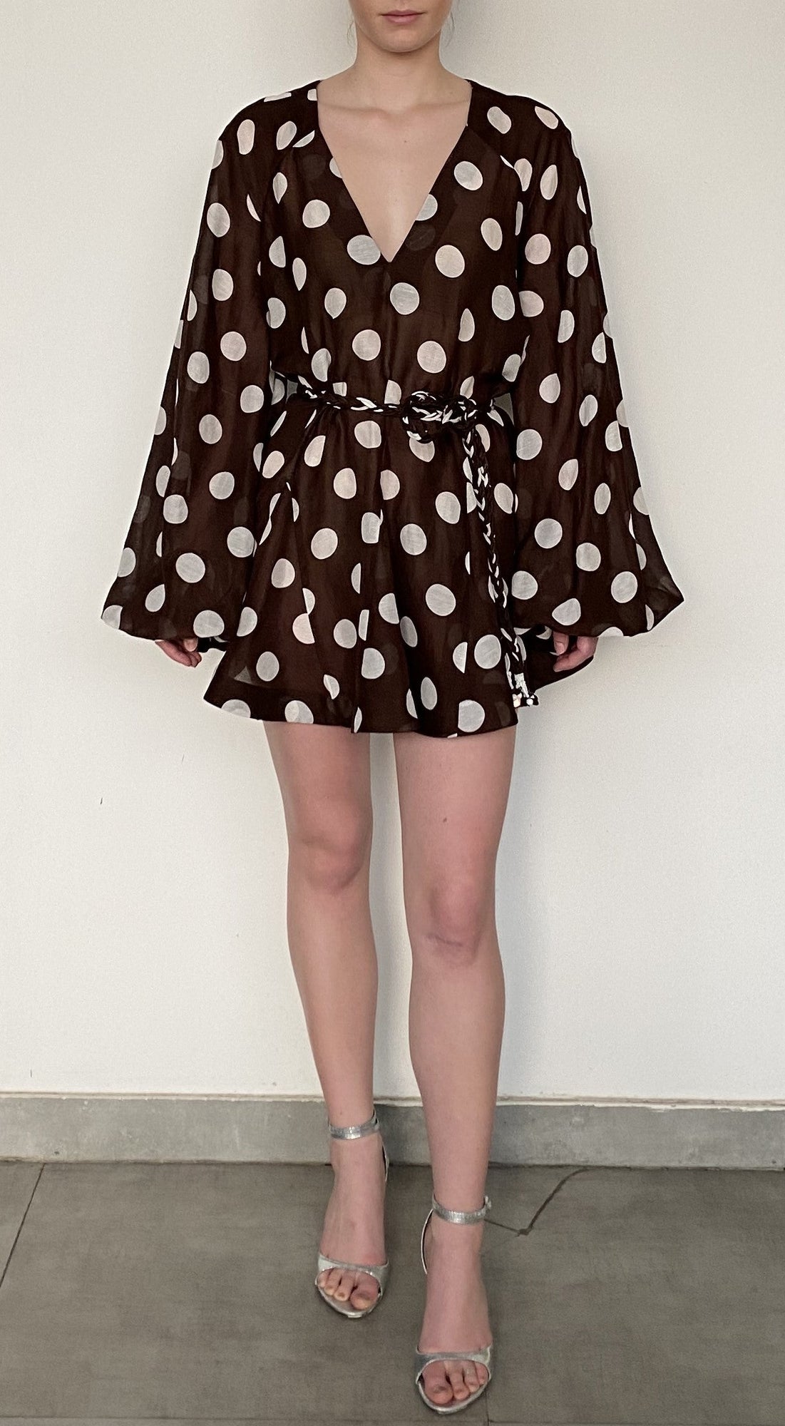 Short Dress With Braided Belt | Brown/White