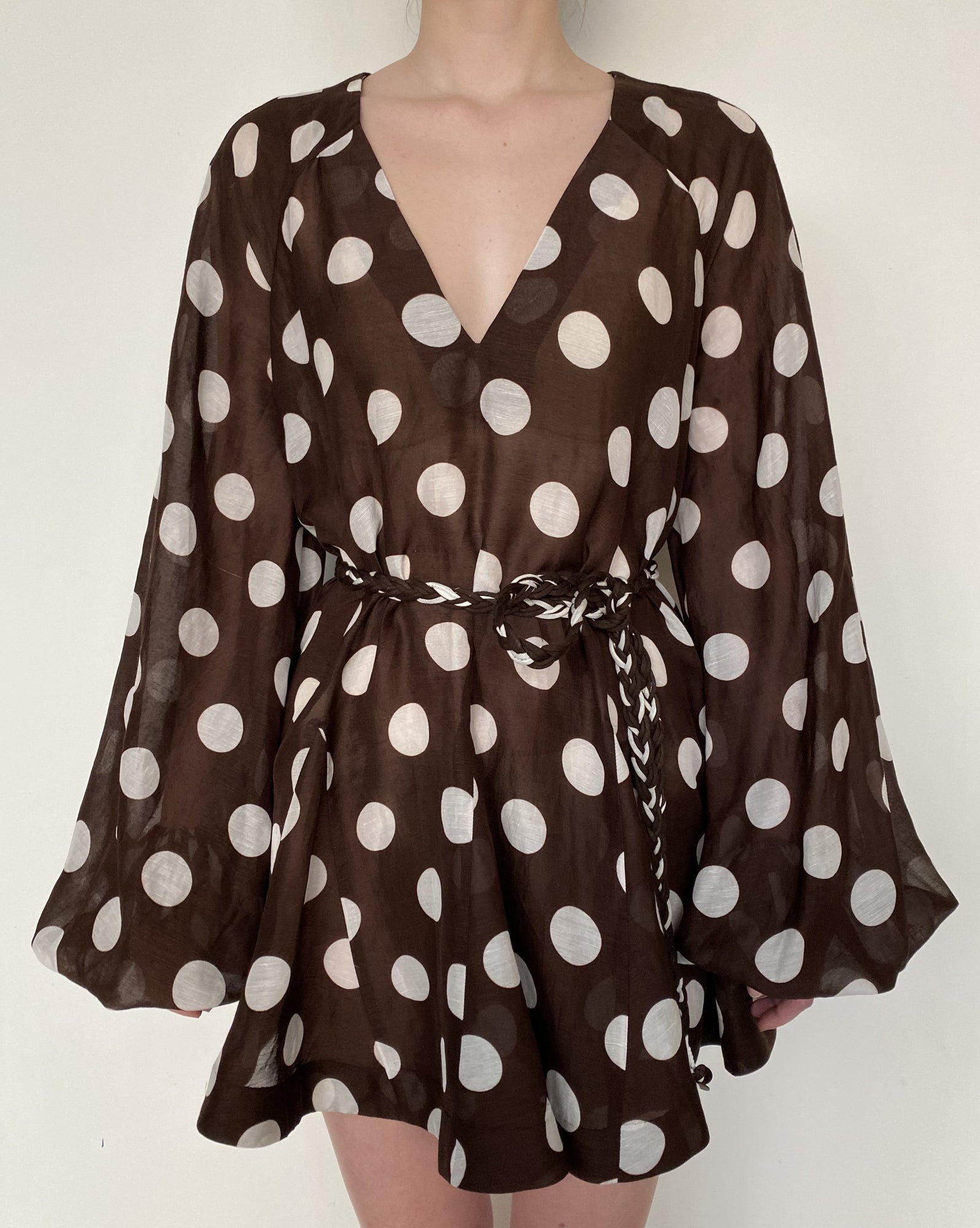 Short Dress With Braided Belt | Brown/White