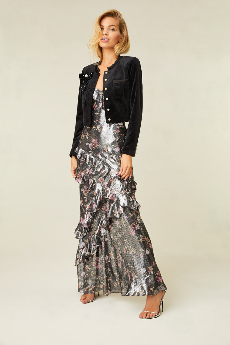 Metallic, floral-printed maxi dress.