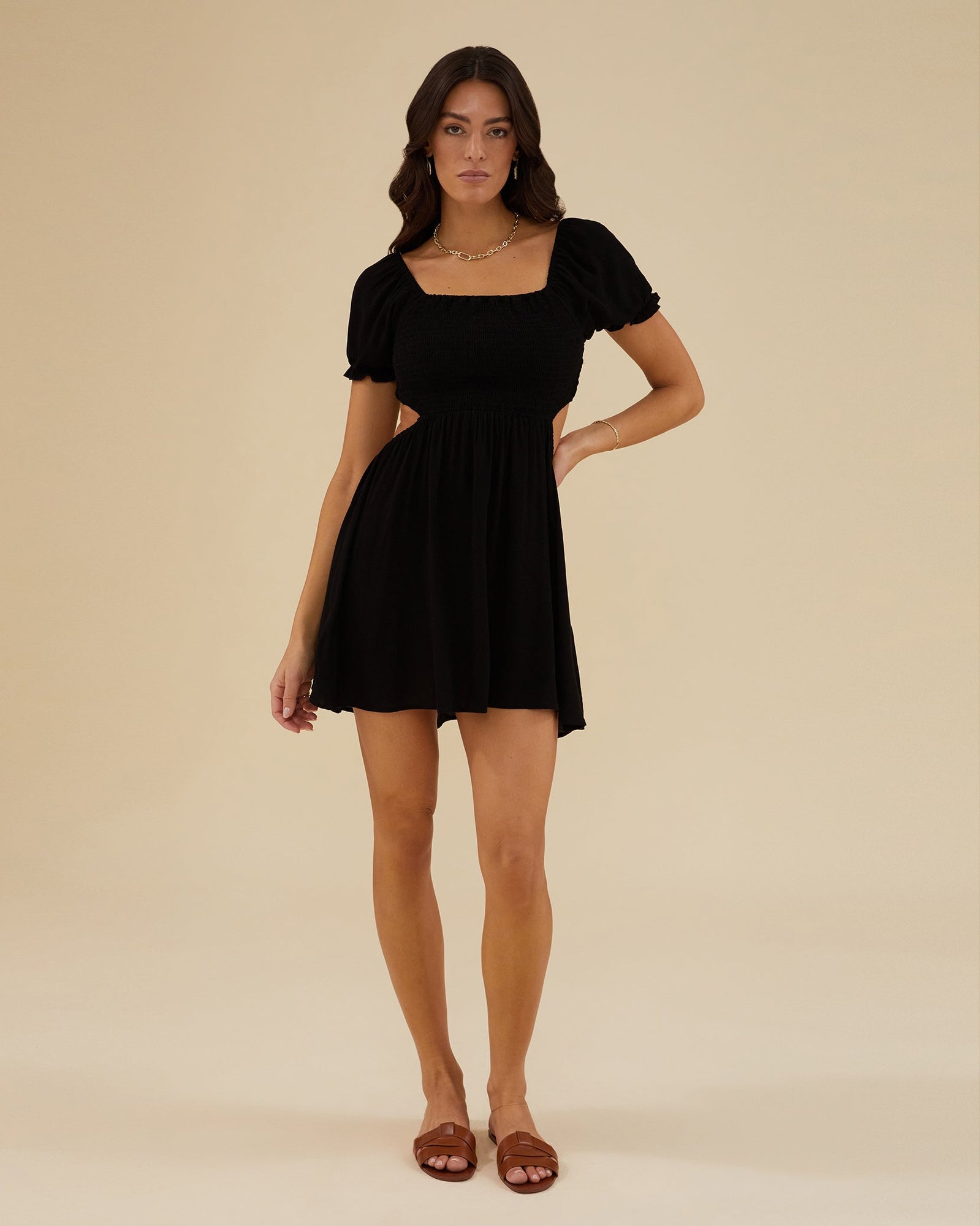 Open Back Smocked Mini Dress | Black