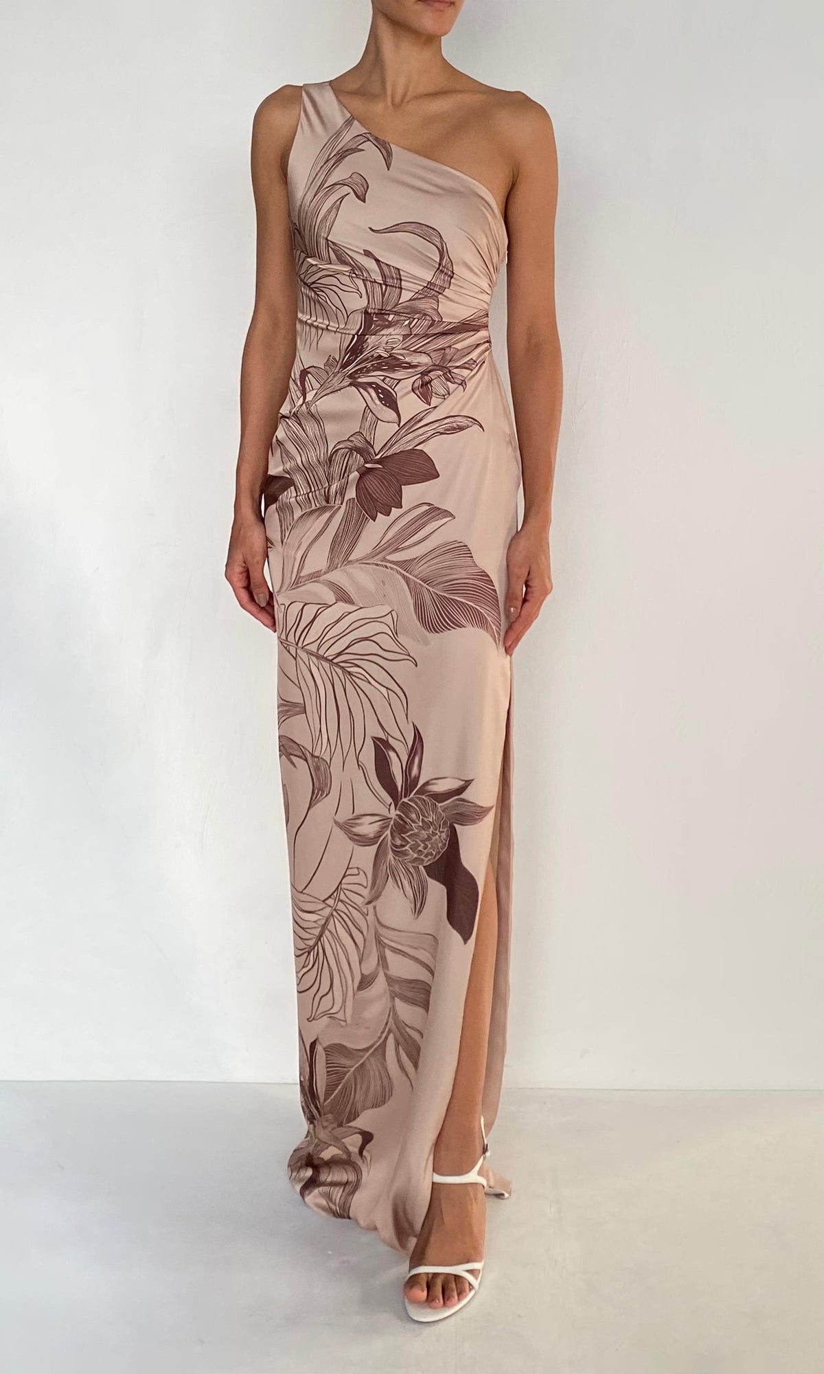 Rococo Sand | Cali Polyester Satin Lycra One Shoulder Ruched Maxi Dress | Beige Brown