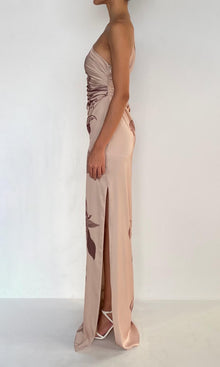 Rococo Sand | Cali Polyester Satin Lycra One Shoulder Ruched Maxi Dress | Beige Brown