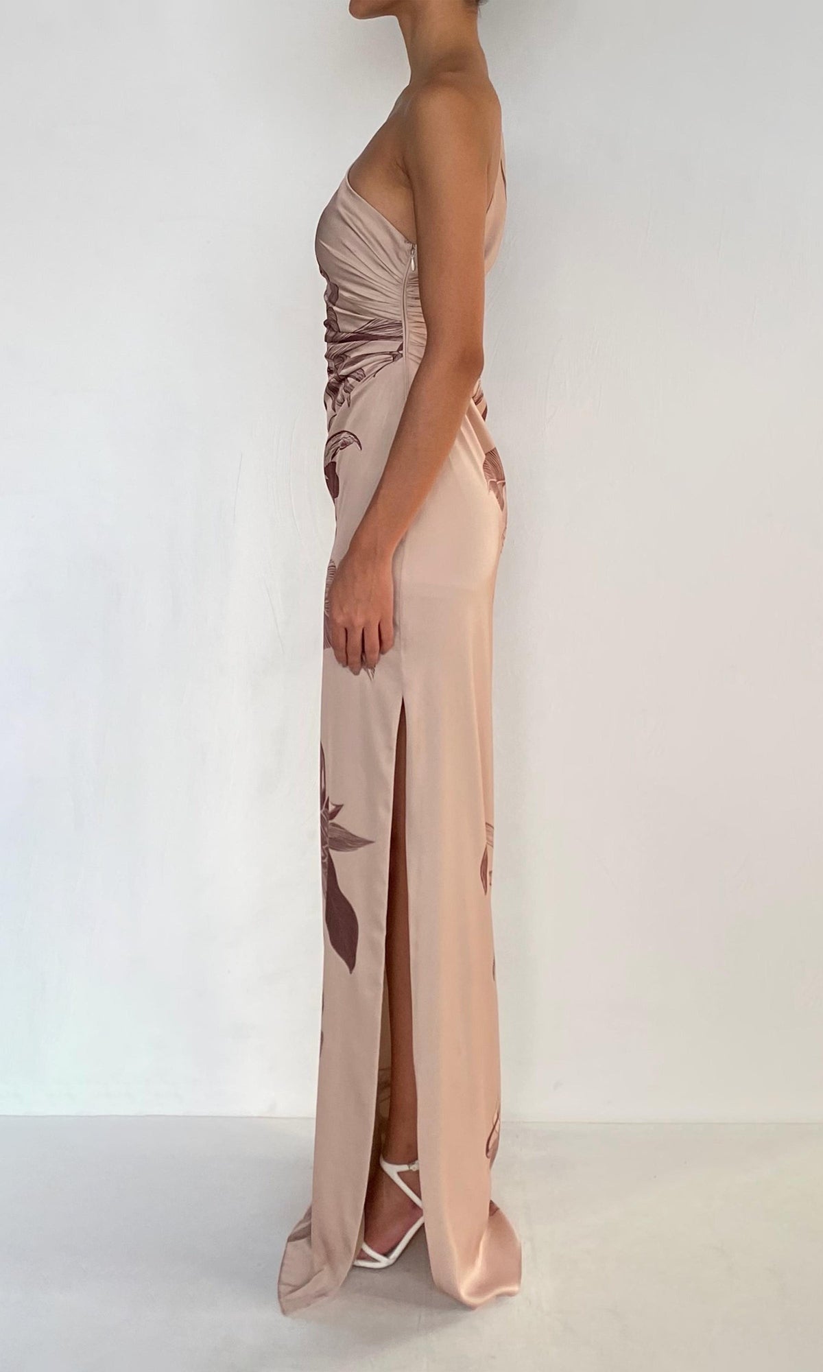 Rococo Sand | Cali Polyester Satin Lycra One Shoulder Ruched Maxi Dress | Beige Brown