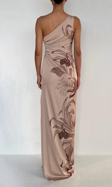 Rococo Sand | Cali Polyester Satin Lycra One Shoulder Ruched Maxi Dress | Beige Brown
