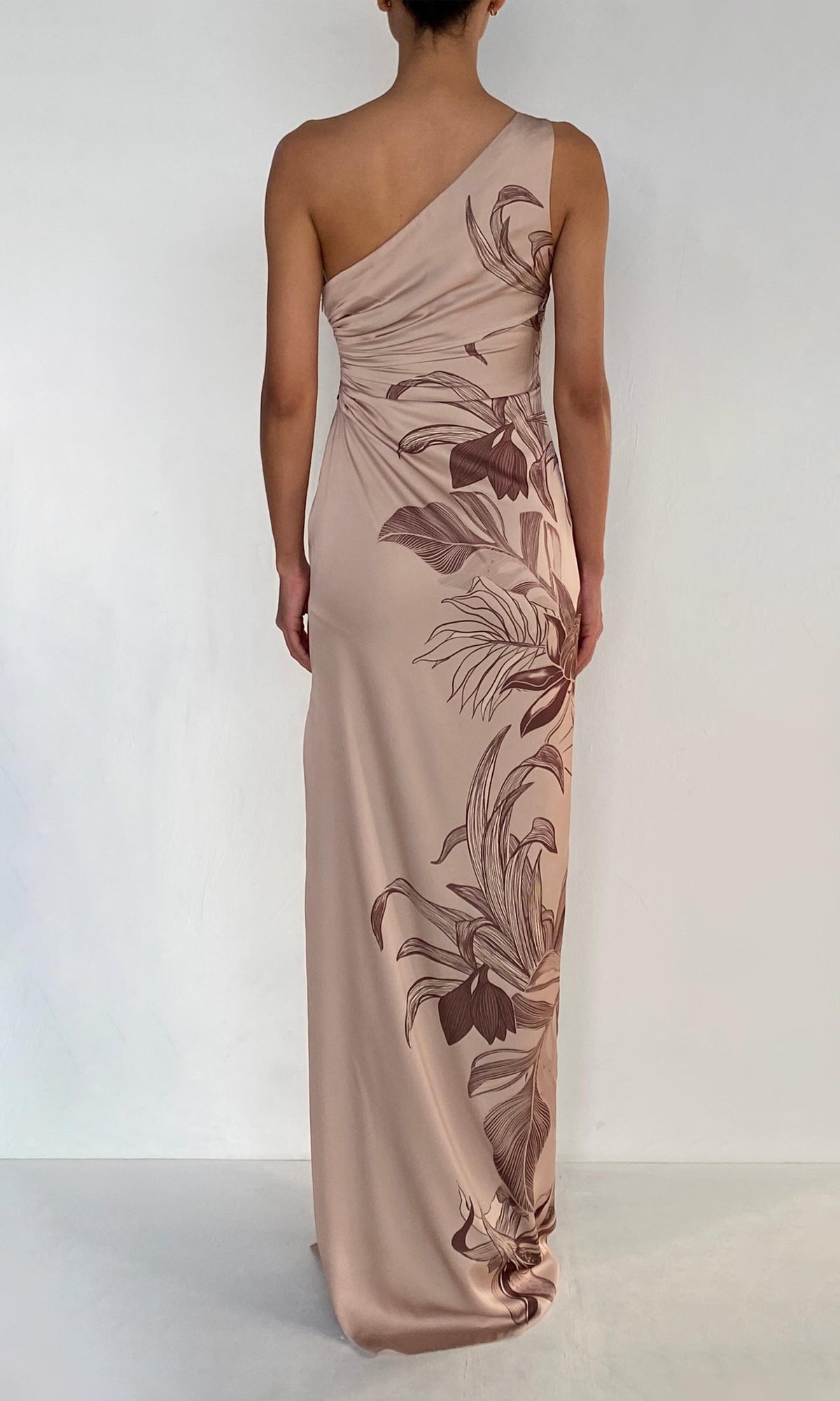 Rococo Sand | Cali Polyester Satin Lycra One Shoulder Ruched Maxi Dress | Beige Brown