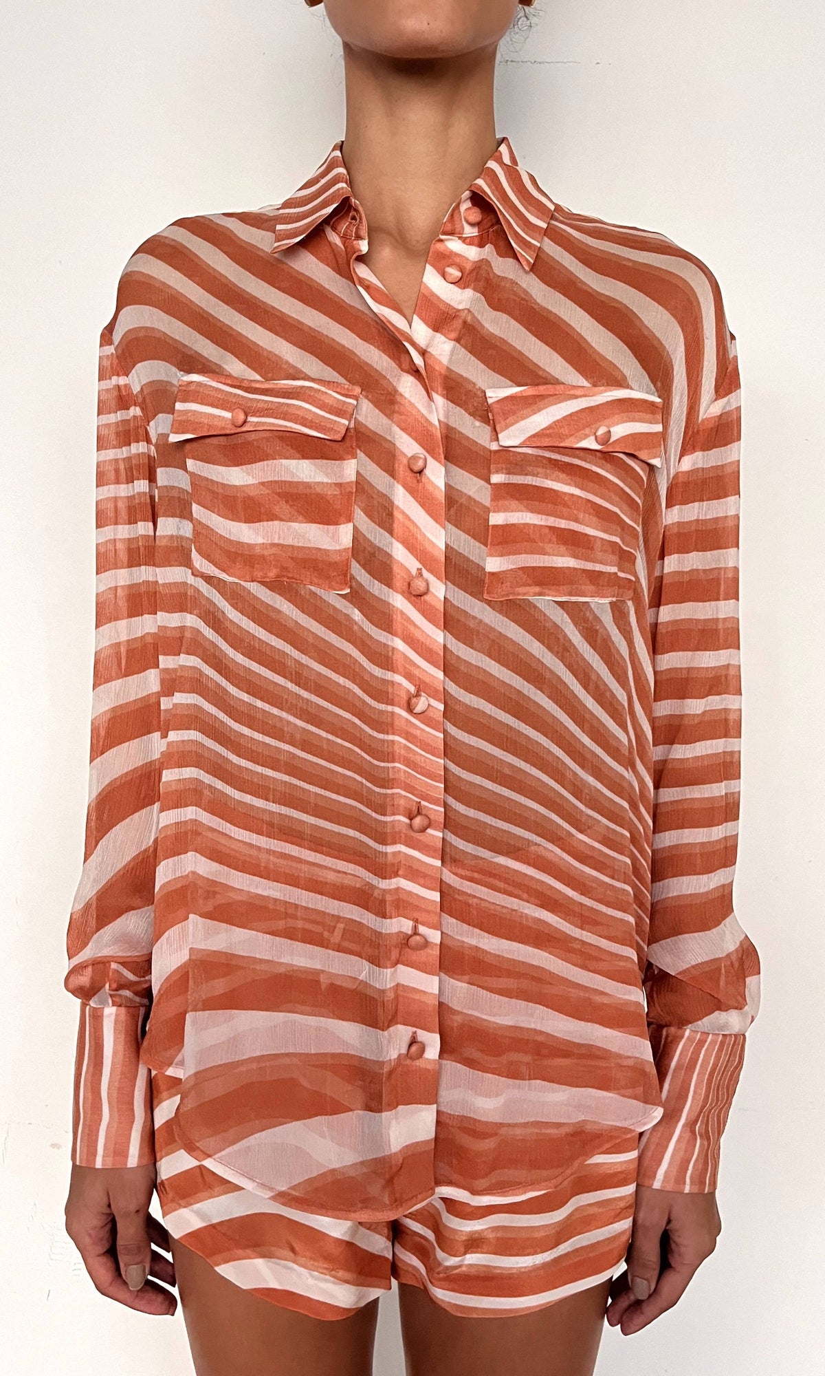 Rococo Sand | Czar Heavy Viscose Crinkle Chiffon Shirt | Off-White Brown