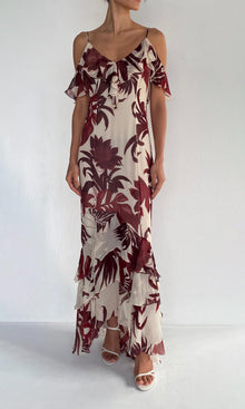 Rococo Sand | Eve Viscose Crinkle Chiffon High Low Maxi Dress | Pink Burgundy