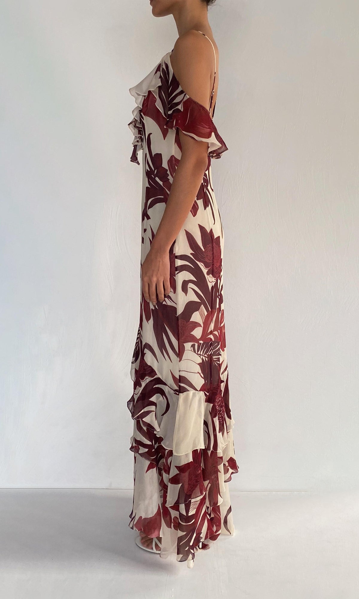 Rococo Sand | Eve Viscose Crinkle Chiffon High Low Maxi Dress | Pink Burgundy