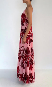 Rococo Sand | Eve Viscose Natural Crepe Maxi Dress | Pink Burgundy