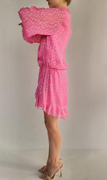 Rococo Sand | Fuchsia Viscose Georgtte Dobby Lurex Short Dress | Pink