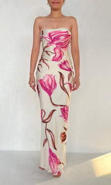 Rococo Sand | Grace Viscose Satin Lycra Long Dress | White Pink