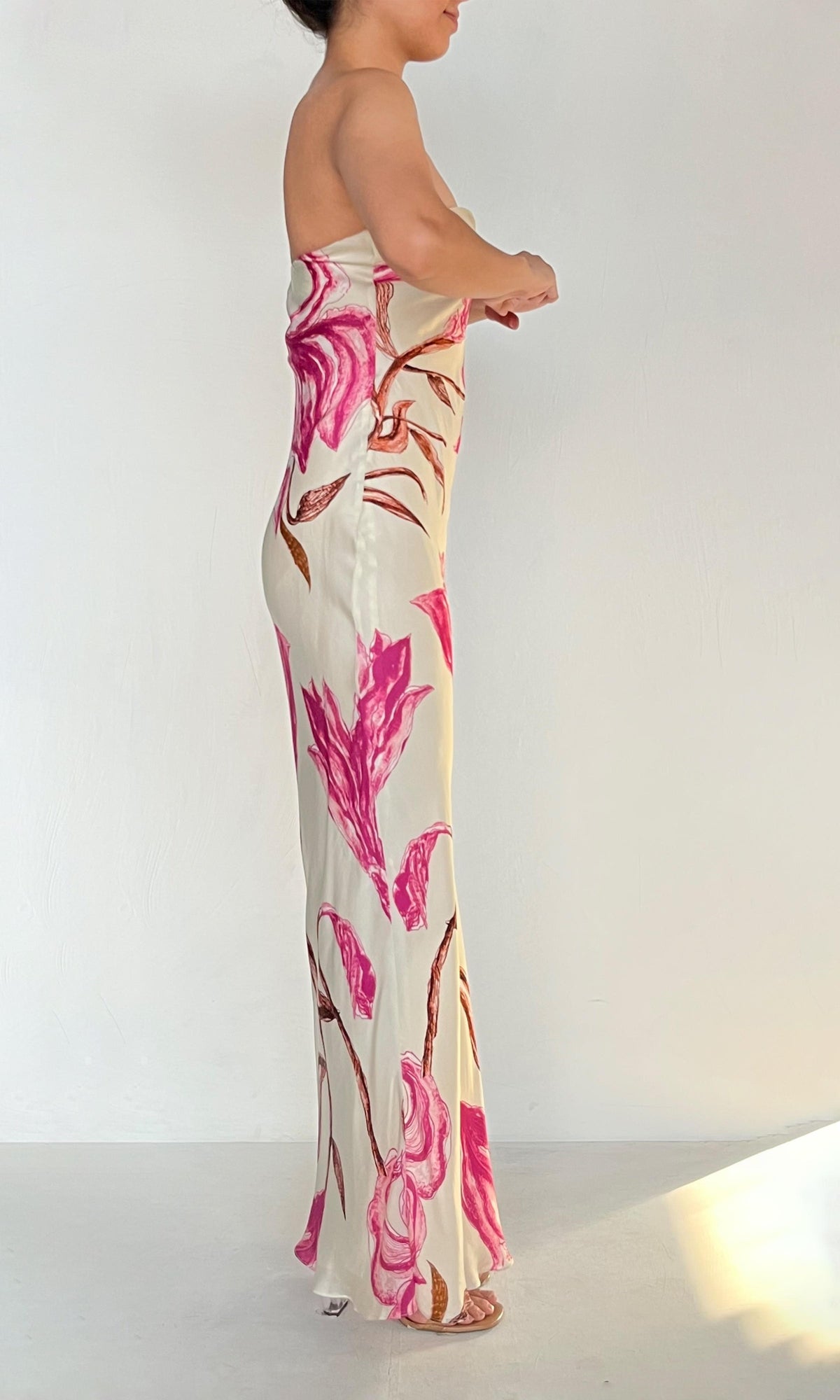 Rococo Sand | Grace Viscose Satin Lycra Long Dress | White Pink